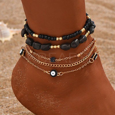 Iron & Natural Howlite & Resin & Glass Seed Beaded Evil Eye 5 Layered Anklets for Women FS-WG0BCD8-02-1