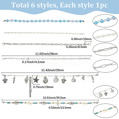 6Pcs 6 Styles Ocean Theme Synthetic Turquoise & Magnesite Beads and Alloy Baseball Cap Chain HJEW-SC0002-34-1
