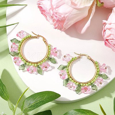 Glass Flower Hoop Earrings EJEW-TA00589-03-1