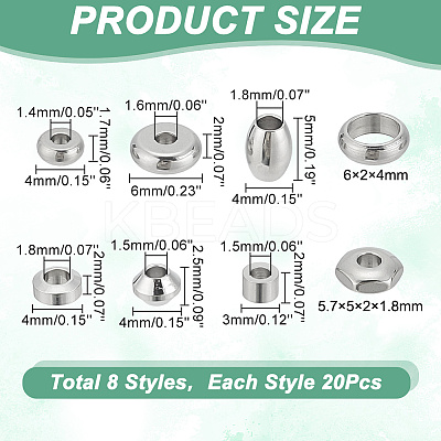 160Pcs 8 Styles 304 Stainless Steel Spacer Beads STAS-AR0001-75-1