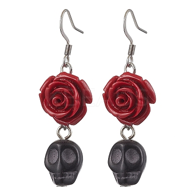 Halloween Synthetic Coral Red Flower & Synthetic Turquoise Black Skull Dangle Earrings EJEW-JE06069-S-1