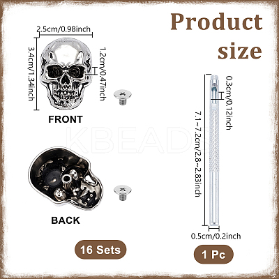 16 Bags Tibetan Style Skull Alloy Decorative Rivets DIY-DR0007-75AS-1