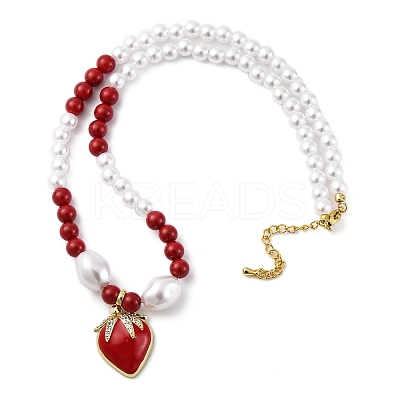 Strawberry Brass Micro Pave Clear Cubic Zirconia Red Enamel Pendant Necklaces for Women NJEW-G162-04G-1