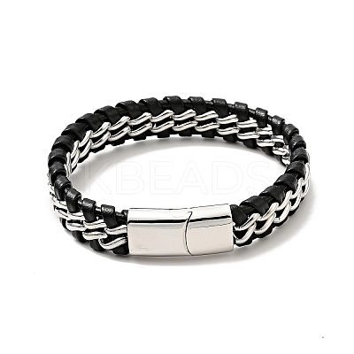 Leather & 304 Stainless Steel Braided Curb Chains Cord Bracelet with Magnetic Clasp for Men Women BJEW-C021-19-1