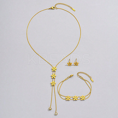 Flower Stainless Steel Crystal Rhinestone Lariat Necklaces & Stud Earrings & Bracelets Sets for Women FS-WG939A0-01-1