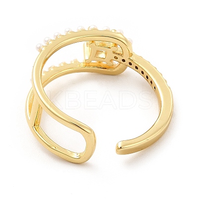 Clear Cubic Zirconia Square Knot Open Cuff Ring with Plastic Pearl Beaded KK-H439-14G-1