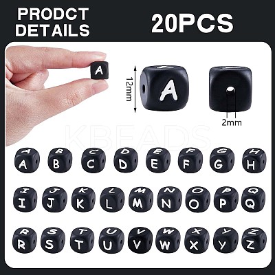 20Pcs Black Cube Letter Silicone Beads 12x12x12mm Square Dice Alphabet Beads with 2mm Hole Spacer Loose Letter Beads for Bracelet Necklace Jewelry Making JX433Y-1