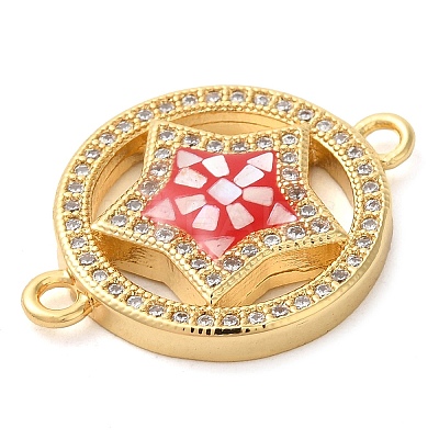 Rack Plating Brass Micro Pave Clear Cubic Zirconia Ring with Star Links Connector Charms KK-K385-086G-1