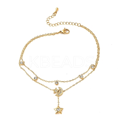 304 Stainless Steel Pave Clear Cubic Zirconia Charm 2-Strand Anklets for Women AJEW-K054-01C-G-1