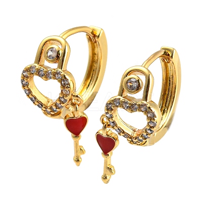 Clear Cubic Zirconia Heart Pad Lock Hinged Hoop Earrings with Enamel Skeleton Key Drop for Women EJEW-P196-26G-1