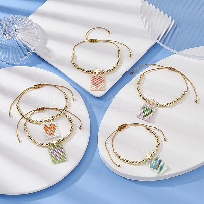 Glass Seed Rectangle with Heart Charm Bracelet BJEW-MZ00033-1