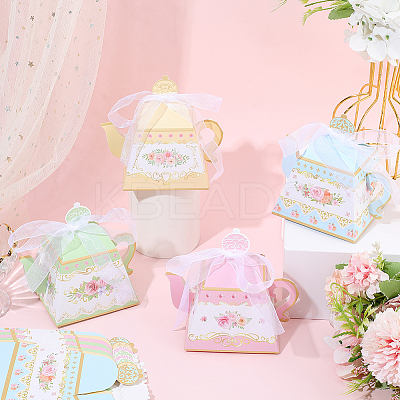 12Pcs 4 Colors Flower Printed 3D Teapot Shaped Paper Candy Gift Boxes with Ribbon DIY-SP0006-39-1