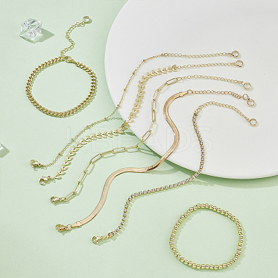 7Pcs 7 Style Brass Flat Snake & Satellite & Leaf Link Chain Anklets Set AJEW-PH0011-03-1