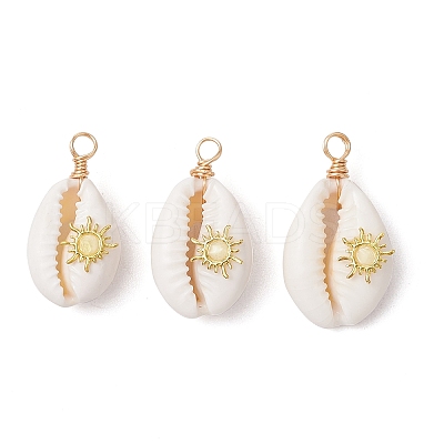 Copper Wire Wrapped Natural Cowrie Shell Pendants PALLOY-JF03554-05-1