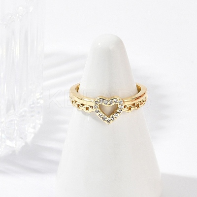 Heart Brass Micro Pave Clear Cubic Zirconia Open Cuff Rings for Women RJEW-G343-01G-1