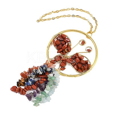 Butterfly Brass & Natural Red Jasper Pendant Decorations HJEW-Z007-04G-01-1