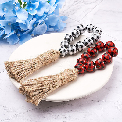 8Pcs 2 Colors Tartan Pattern Wood Beads & Jute Tassel Napkin Rings AJEW-CF0001-06-1