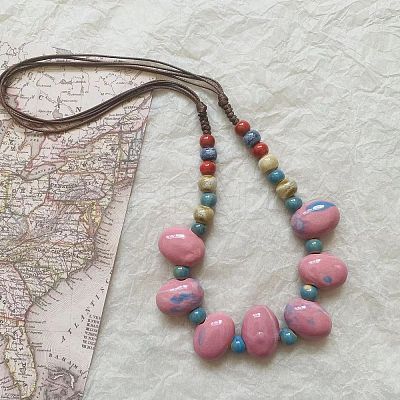 Ethnic Style Oval Porcelain Beaded Bib Necklaces with Imitation Leather Cord FS-WGD6870-01-1