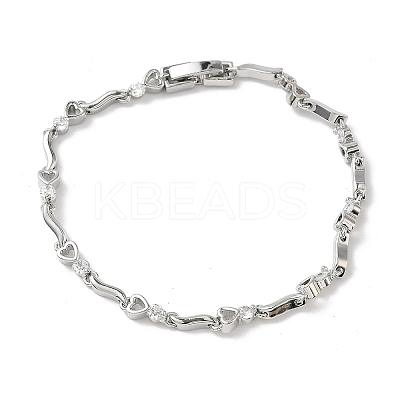 Brass Micro Pave Clear Cubic Zirconia Heart & Twist Link Chain Bracelets for Women BJEW-G764-06P-1