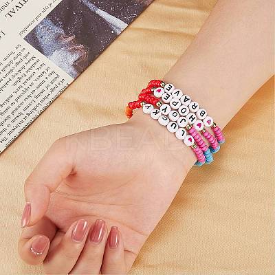 12Pcs Inspiration Word Glass Seed Stretch Bracelets Set with Heart BJEW-SZ0001-20-1