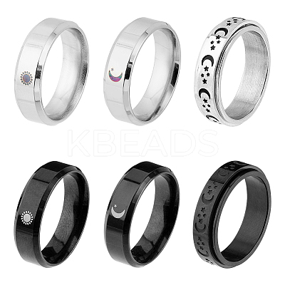 6Pcs 6 Styles Sun & Moon & Star 304 & 201 Stainless Steel Band Rings Set RJEW-FI0001-09-1