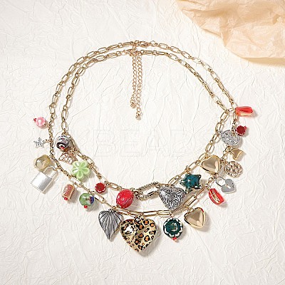 Zinc Alloy & Porcelain & Glass & CCB Plastic Flower Heart Lock Pendant Double Layer Bib Necklaces FS-WGC767F-01-1