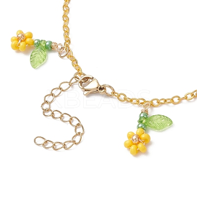 Faceted Round Natural Howlite & Glass Seed Beaded Flower Tassel Brass Cable Chain Anklets for Women AJEW-MZ00007-01-1