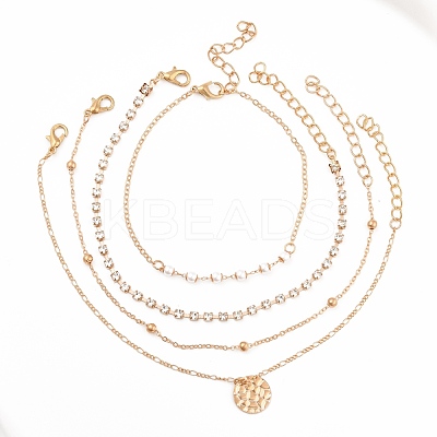 4Pcs 4 Style Boho Alloy Chain Anklets Set with Resin Pearl Beaded and Flat Round Charm SJEW-D009-03KCG-1