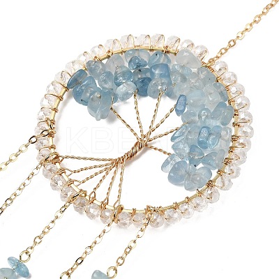 Wire Wrapped Natural Aquamarine Chip Tree of Life Window Hanging Prism Ornaments HJEW-TA00283-01-1