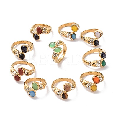 Gemstone Oval Open Cuff Ring with Crystal Rhinestone STAS-E168-10B-G-1