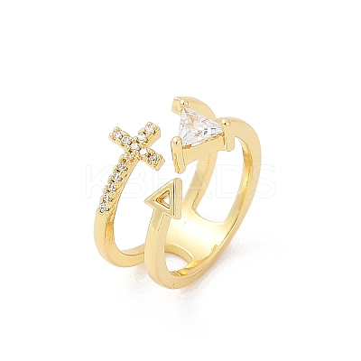 Cross & Triangle Brass Micro Pave Clear Cubic Zirconia Open Cuff Rings for Women RJEW-G343-22G-1