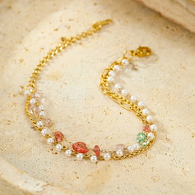 Gemstone Chip with Plastic Pearl Multi-strand Bracelets for Women BJEW-G739-01G-1