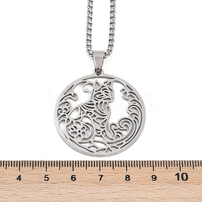 Ring with Cat Shape Pattern 201 Stainless Steel Pendant Necklaces for Men Women NJEW-K283-13P-1