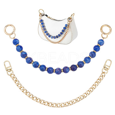 2Pcs 2 Styles 14mm Blue Round Resin Imitation Gemstone Beaded Bag Decorative Chains & Iron Curb Chain Short Bag Straps Sets PURS-AR0001-05-1
