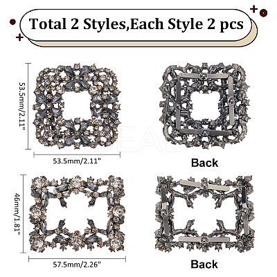 4Pcs 2 Styles Square/Rectangle Alloy Rhinestone Detachable Shoe Buckle Clips AJEW-WR0002-31B-1
