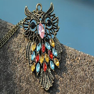 Owl Alloy Colorful Rhinestone Pendant Long Necklaces FS-WGE0302-01-1