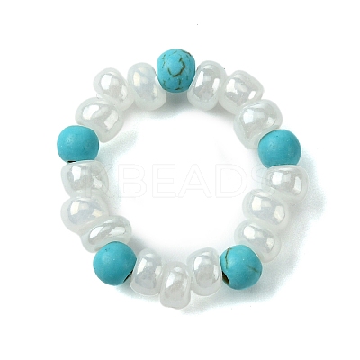 Round Synthetic Turquoise with Glass Seeded Beaded Stretch Rings for Women RJEW-JR00707-03-1