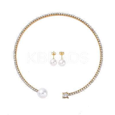 Round Plastic Imitation Pearl Stud Earrings & Cubic Zirconia and Rhinestone Square Cuff Choker Necklaces Sets SJEW-U003-02G-1