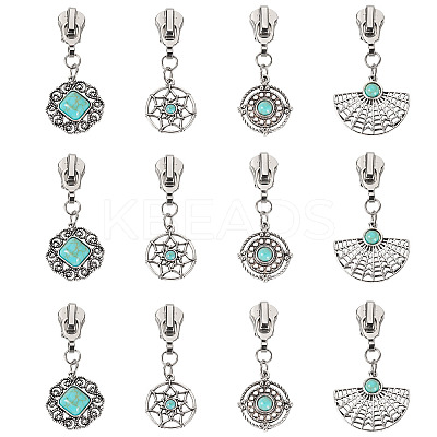 16Pcs 4 Styles Alloy with Synthetic Turquoise Zipper Pulls HJEW-TAC0098-1