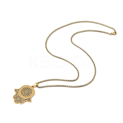 201 Stainless Steel Hollow Religion Hamsa Hand Pendant Necklaces NJEW-M086-01G-1