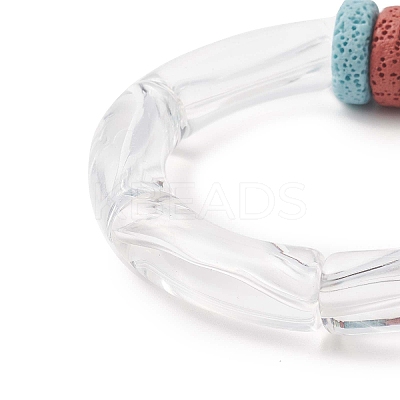 Natural Lava Rock Flat Round & Acrylic Beaded Stretch Bracelet for Women BJEW-JB09253-1