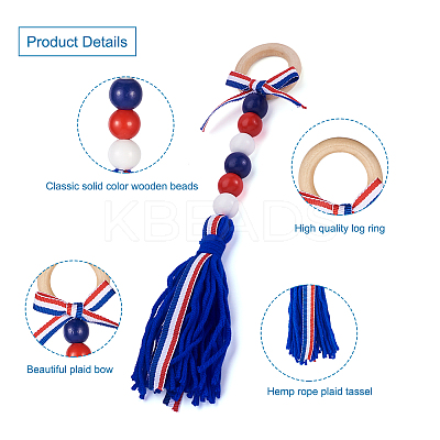 4Pcs 2 Style Independence Day Theme Wooden Ring & Woolen Yarn Tassels Pendant Decorations HJEW-CF0001-20-1