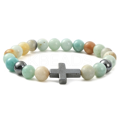 Natural Flower Amazonite & Synthetic Hematite Corss Beaded Stretch Bracelets BJEW-JB09845-02-1