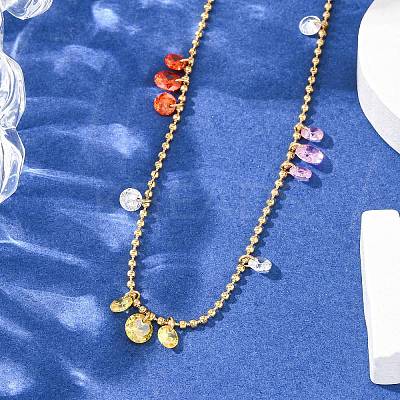 304 Stainless Steel Ball Chain Colorful Cubic Zirconia Flat Round Tassel Necklaces for Women NJEW-A051-03G-01-1