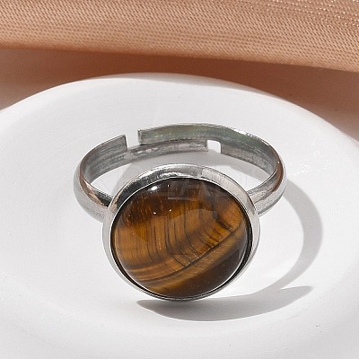 Half Round Natural Tiger Eye Finger Rings X-RJEW-M062-01P-08-1