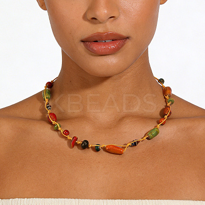 Bohemian Adjustable Porcelain Chip Beads Cotton Cord Braided Necklaces for Women WG0ECFE-01-1
