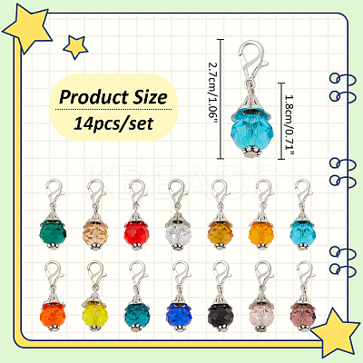 14Pcs 14 Colors Faceted Glass Pendant Locking Stitch Markers HJEW-AB00653-1