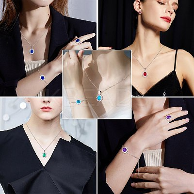 Cubic Zirconia Oval Pendant Necklace & Link Bracelet & Cuff Ring & Stud Earrings SJEW-SZC0001-01D-1