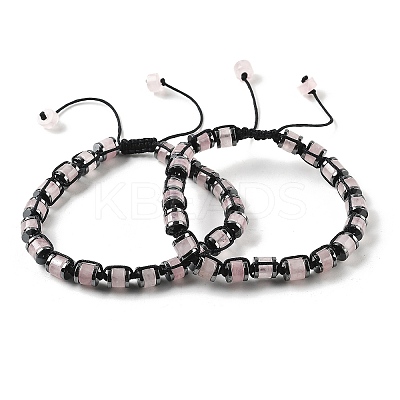 Adjustable Natural Rose Quartz and Non-magnetic Synthetic Hematite Braided Bead Bracelets BJEW-Z090-01B-1
