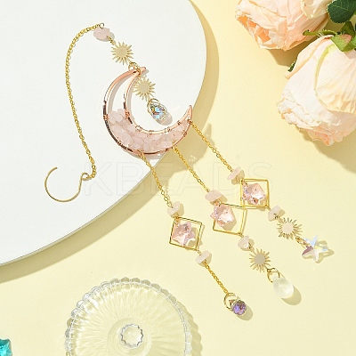 Natural  Rose Quartz Chips Moon Pendant Decorations HJEW-FS00027-04-1